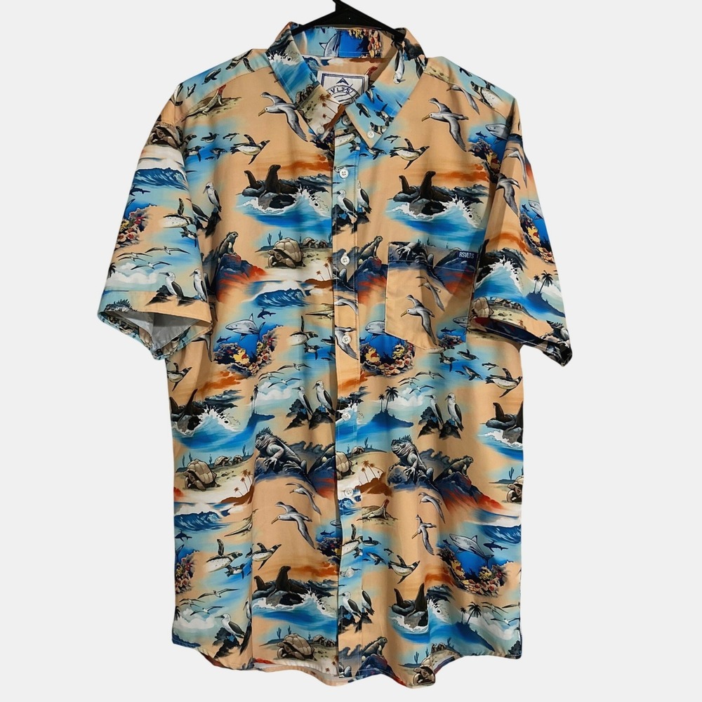 RSVLTS Galapagos Button Down Shirt Mens XL Orange Blue Kunuflex Short Sleeve